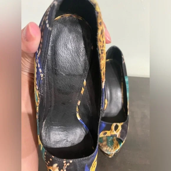 ALDO Platform peep-toe Retro Y2K leopard & gold chain print satin feel size 9 - Picture 7 of 14